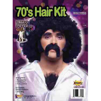 70's Hair Kit packaging with a black wig and mustache on a purple background