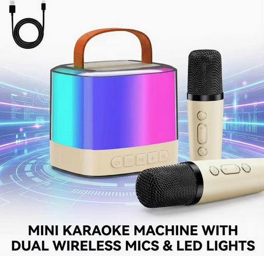 Mini Karaoke Machine - Bluetooth 2 Mics, LED Lighhs