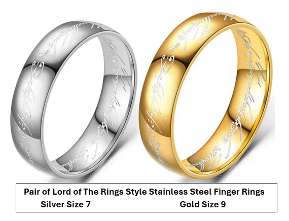 Lord Of The Rings Inspired Stainless Steel Rings Silver Size 7 and Gold Size 9