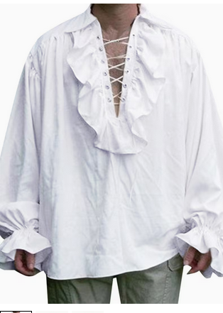 Ruffled Lace-Up V-Neck Shirt, White - Adult Chest Size 44