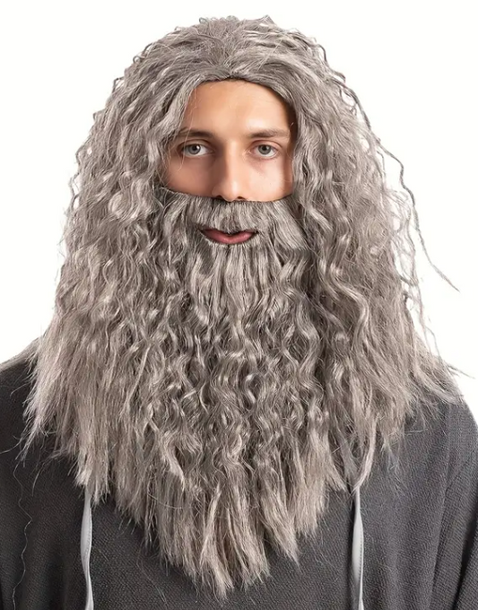 Wizard Beard and Wig Set Grey King Neptune Zeus Moses Caveman Hermit