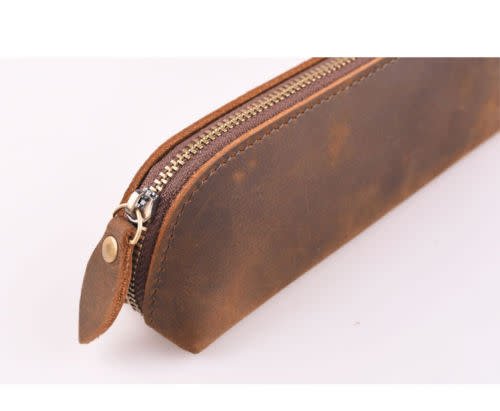 Leather Zipper Pouch, Brown - Handmade