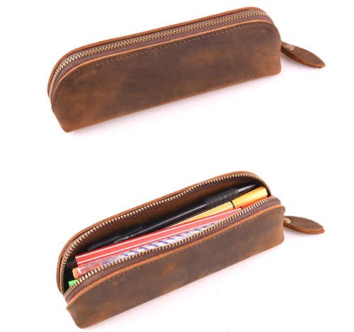 Leather Zipper Pouch, Brown - Handmade