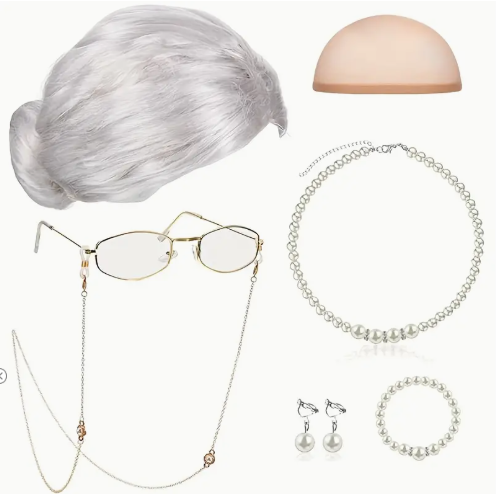 Old Lady Wig White Bun and Accessory Kit