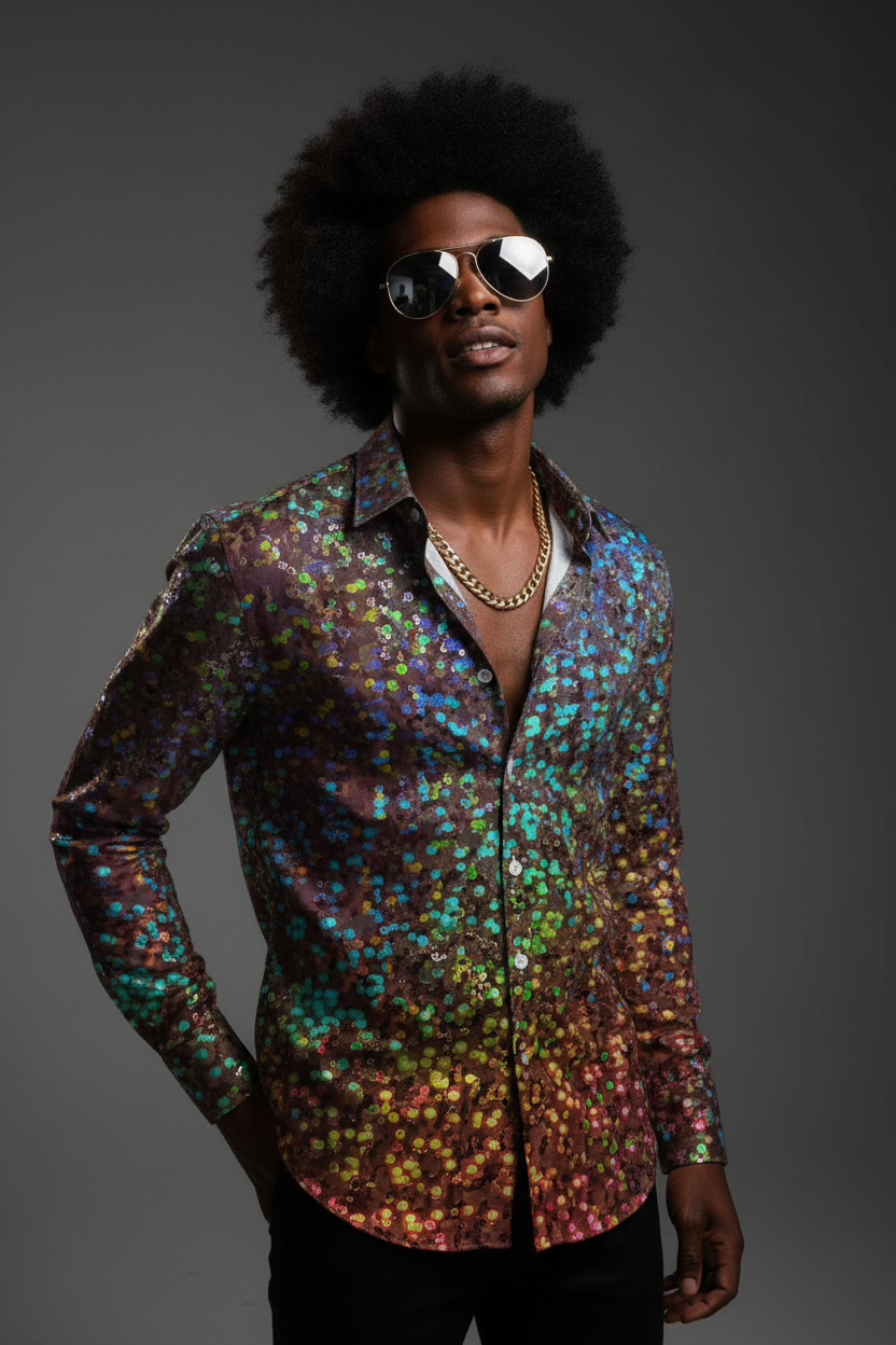 Male Long Sleeve Multicolored Disco Shirt Size 46-48 3XL