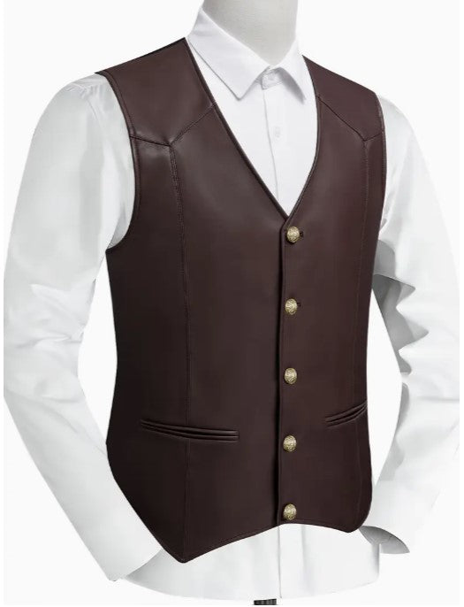 Cowboy Vest Coffee Brown PU Leather Adult Size XXL Chest 44