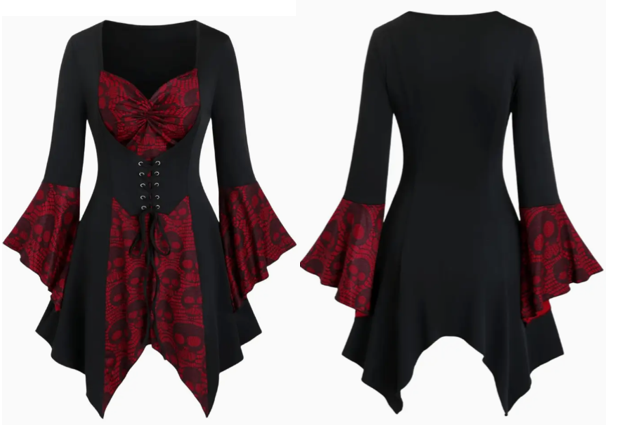 Gothic Vampress Top Red & Black - Choose Size