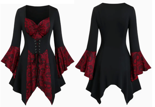 Gothic Vampress Top Red & Black - Choose Size