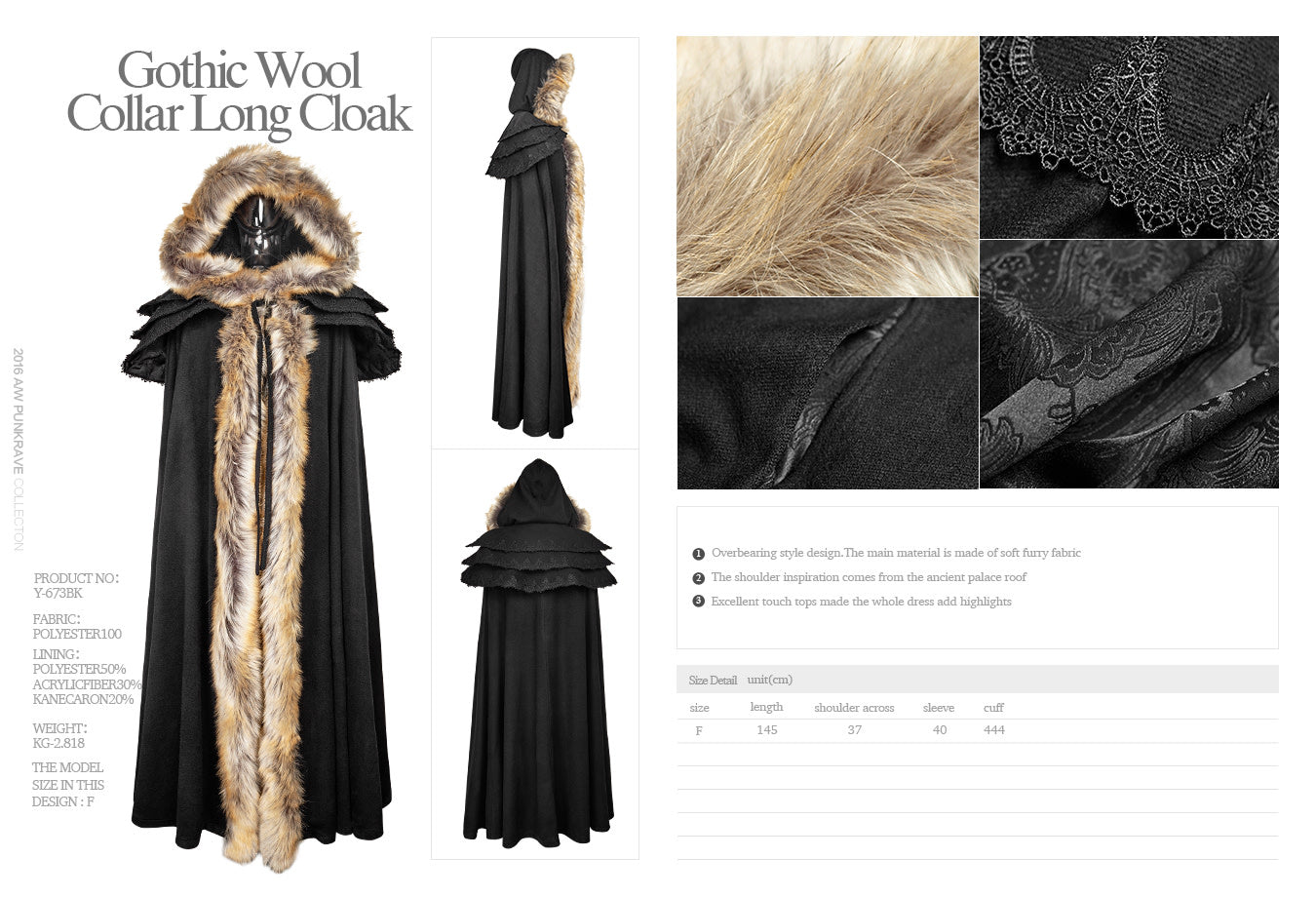 Gothic Wool Collar Long Cloak - Choose Color