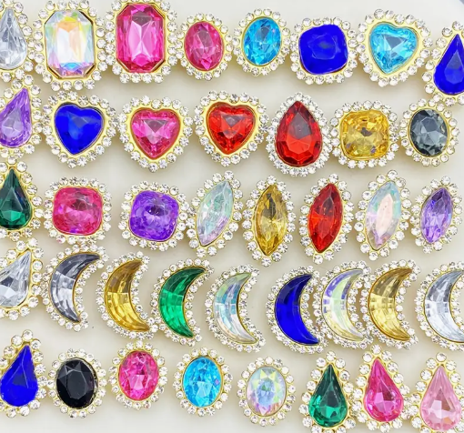Rhinestone Crystals Set In  Metal - 40 Pieces Assorted Colors Shapes and Sizes