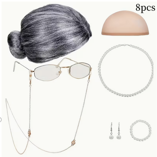 Old Lady Wig With Bun and Accessory Kit