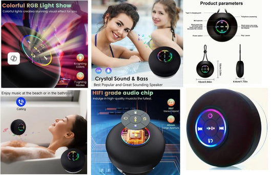 Bluetooth Speaker Splash Proof/Built In Mic/ Light Show 3W - Black