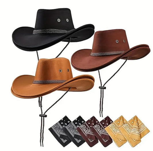 Cowboy Hat and Bandana Set Beige, Black or Brown Assorted