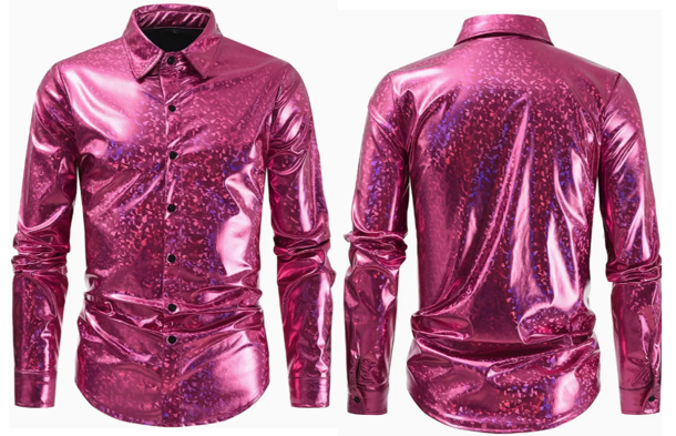 Male Long Sleeve Disco Shirt Pink Glossy Holographic Size 46-48 3XL
