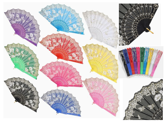 Fabric Folding Fan, Flowers 16.93in - Assorted Color
