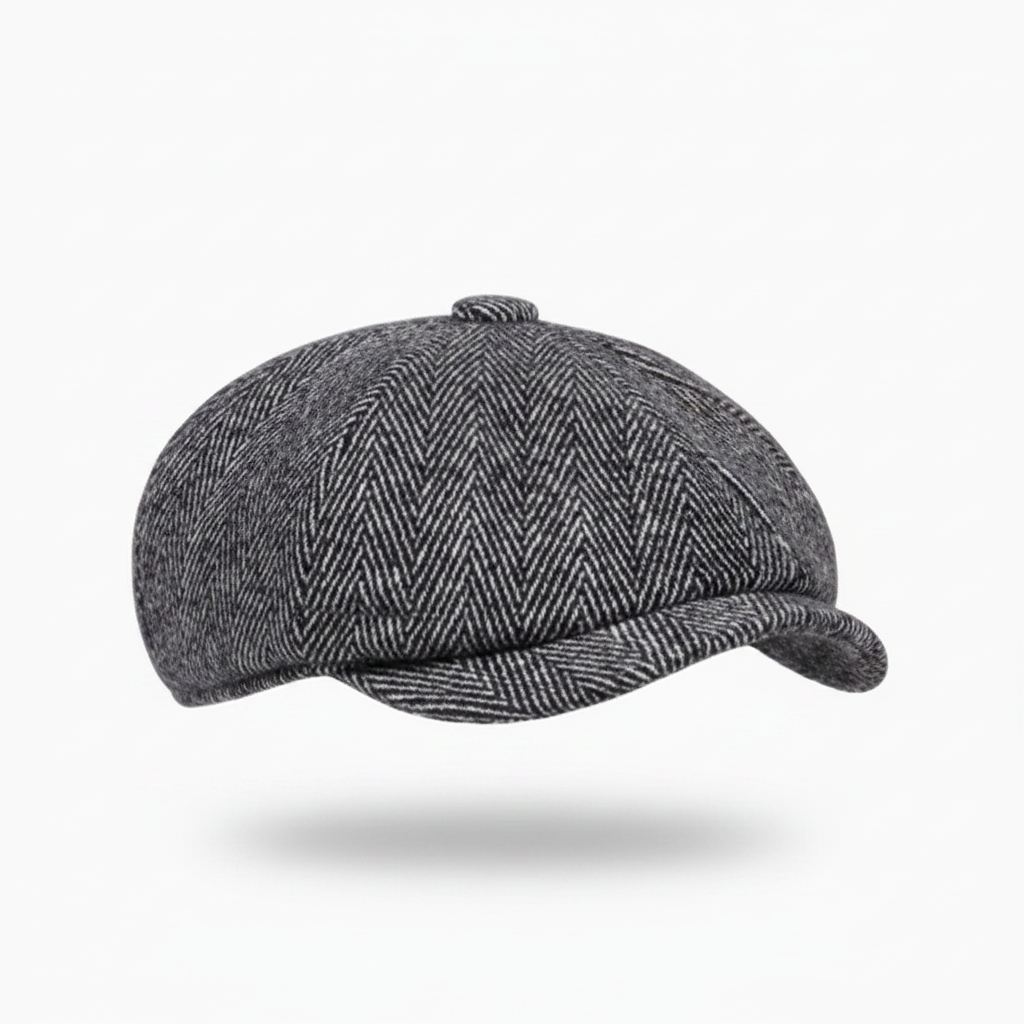 Herringbone Newsboy Cap – Brim Right, White Background