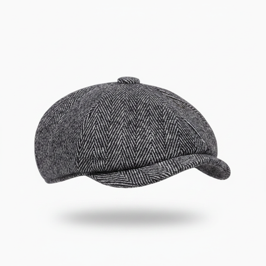 Herringbone Newsboy Cap – Brim Right, White Background