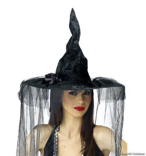 Adults Deluxe Black Velour Witch Hat with Rose and Veil