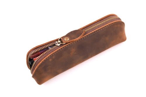 Leather Zipper Pouch, Brown - Handmade