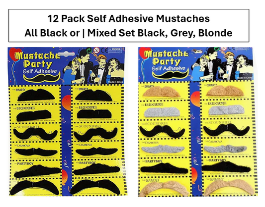 Mustache Party - 12 Self Adhesive Moustaches - Color Options