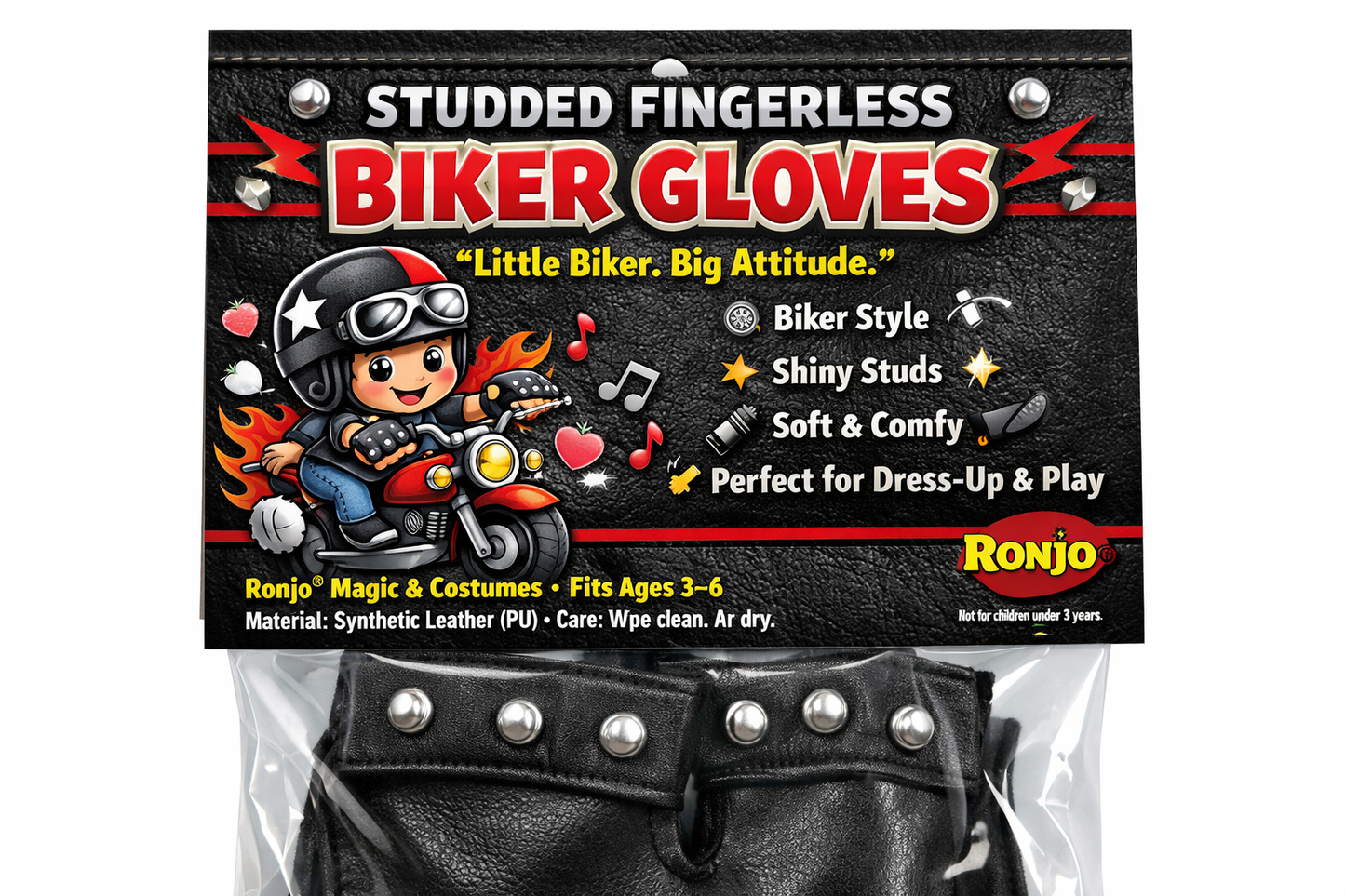 Child Ages 3-6 Studded  Biker Gloves