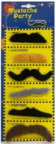 Mustache Party - 6 Self Adhesive Moustaches - Mixed Colors