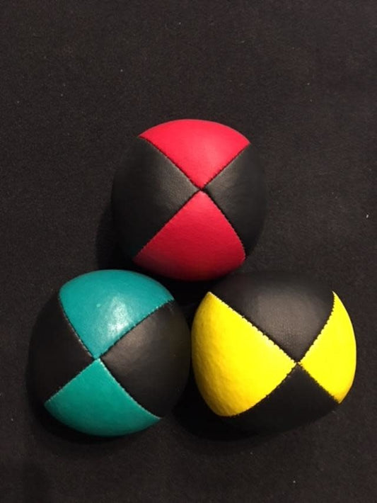 Juggling Balls Pro, 4 Panel 3 Set Red/Blk, Ylw/Blk, Aqua/Blk Ultra Leather Bird Seed Filled by Ronjo