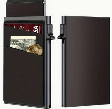 Wallet RFID Block Pop-Up Credit Cards with Stretch Pockets Black Metal