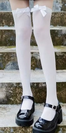 White Opaque Thigh Highs With White Bows